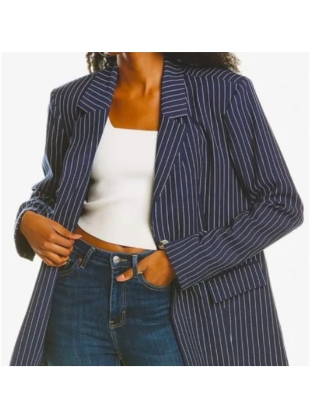 WeWoreWhat Navy Pinstripe Long Blazer
